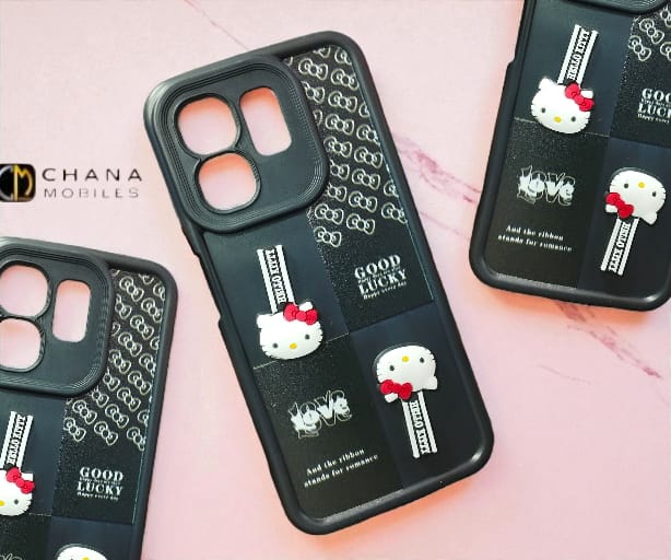 Infinix Hot 50i / Infinix Smart 9 Black Hello Kitty Case – Cute Hearts “HELLO KITTY” & “Good Lucky” Text Soft TPU Protective Cover