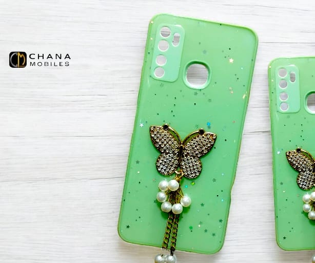 Tecno Spark 5 / Camon 15 Air Premium Green Glitter Butterfly Soft Silicone Case – Chic Pearl Chain Protective Back Cover